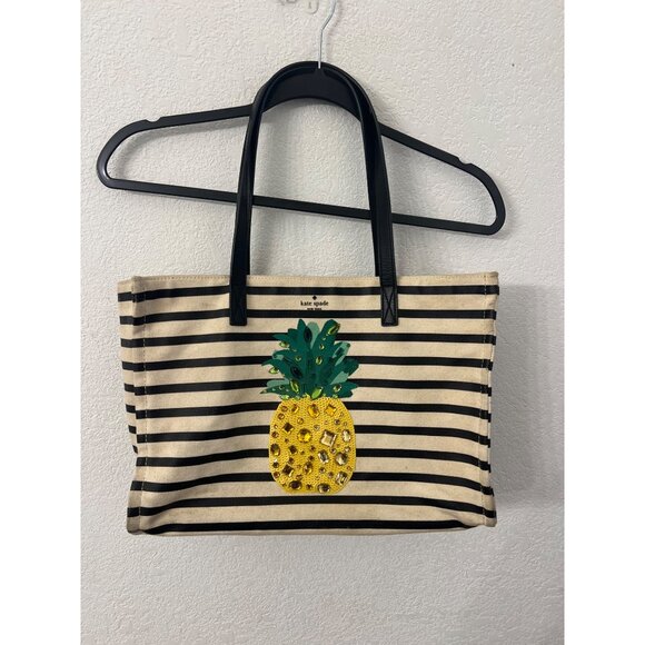 Kate Spade by the pool Pineapple-Embellished Canvas Tote mega Bag Black & White - Picture 2 of 9